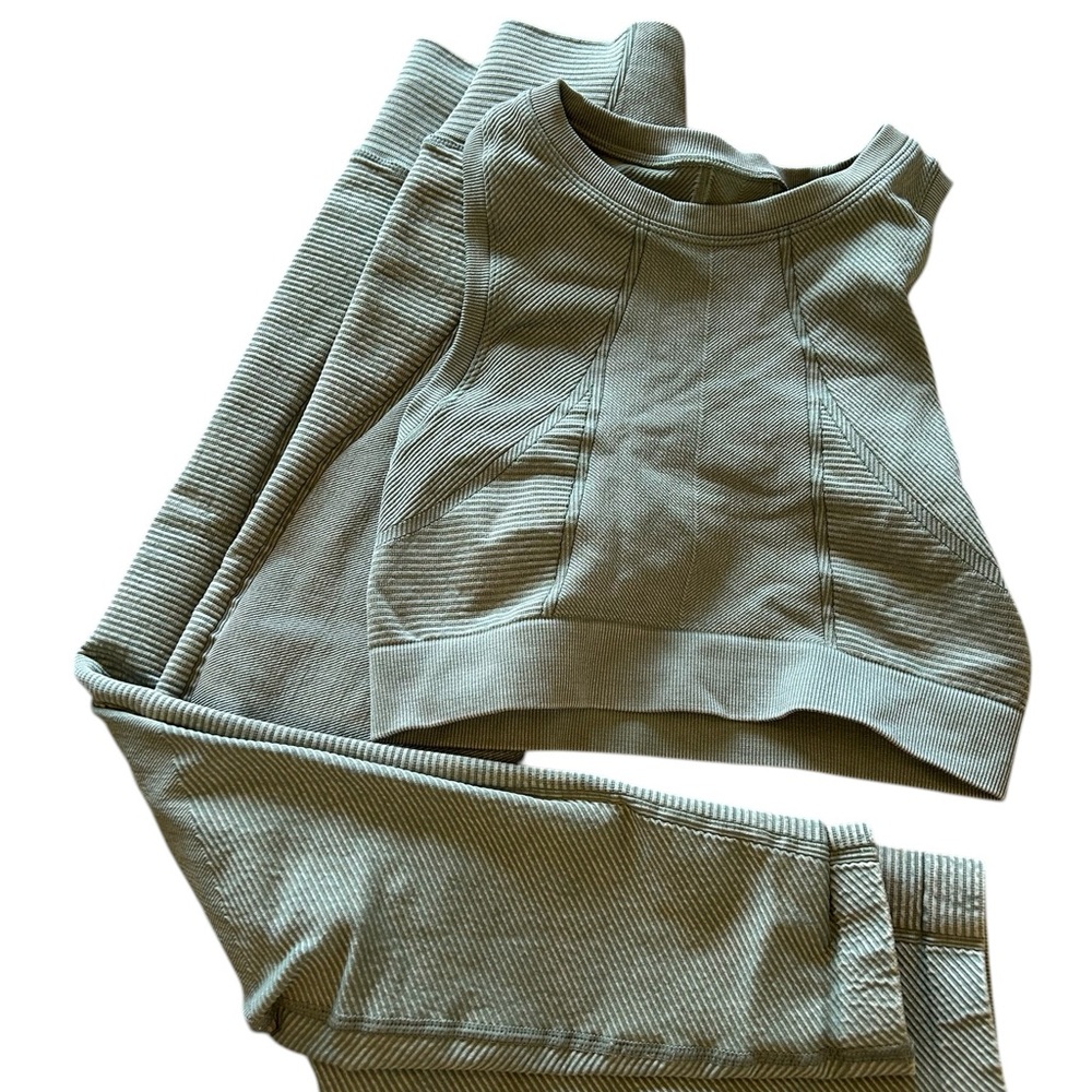 aerie Sage Green Ribbed Track Pants & Crop Top Set